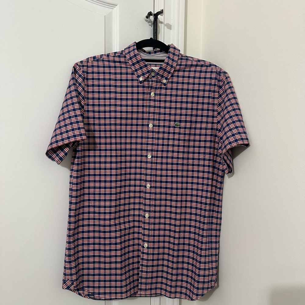 Lacoste Men's Red and Navy Plaid Shirt Size M Thick Cotton Material